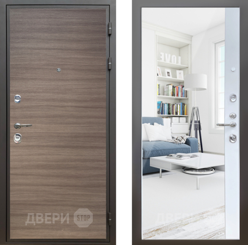 Входная металлическая Дверь Шелтер (SHELTER) Комфорт Дуб тоскано поперечный 14 с зеркалом Белый матовый в Фрязино