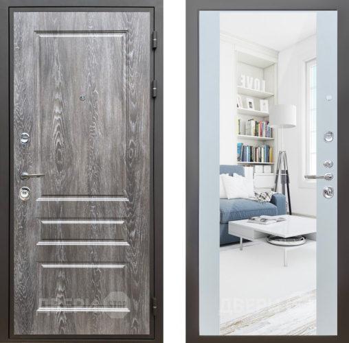 Входная металлическая Дверь Шелтер (SHELTER) Комфорт Дуб шале серебро 13 с зеркалом Белый матовый в Фрязино