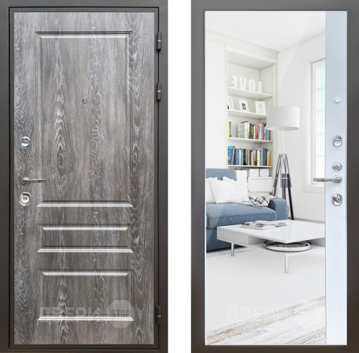 Входная металлическая Дверь Шелтер (SHELTER) Комфорт Дуб шале серебро 14 с зеркалом Белый матовый в Фрязино