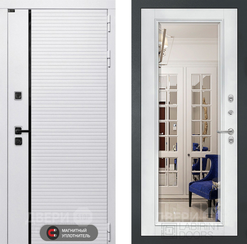 Входная металлическая Дверь Лабиринт (LABIRINT) Royal Зеркало Фацет с багетом Белый софт в Фрязино